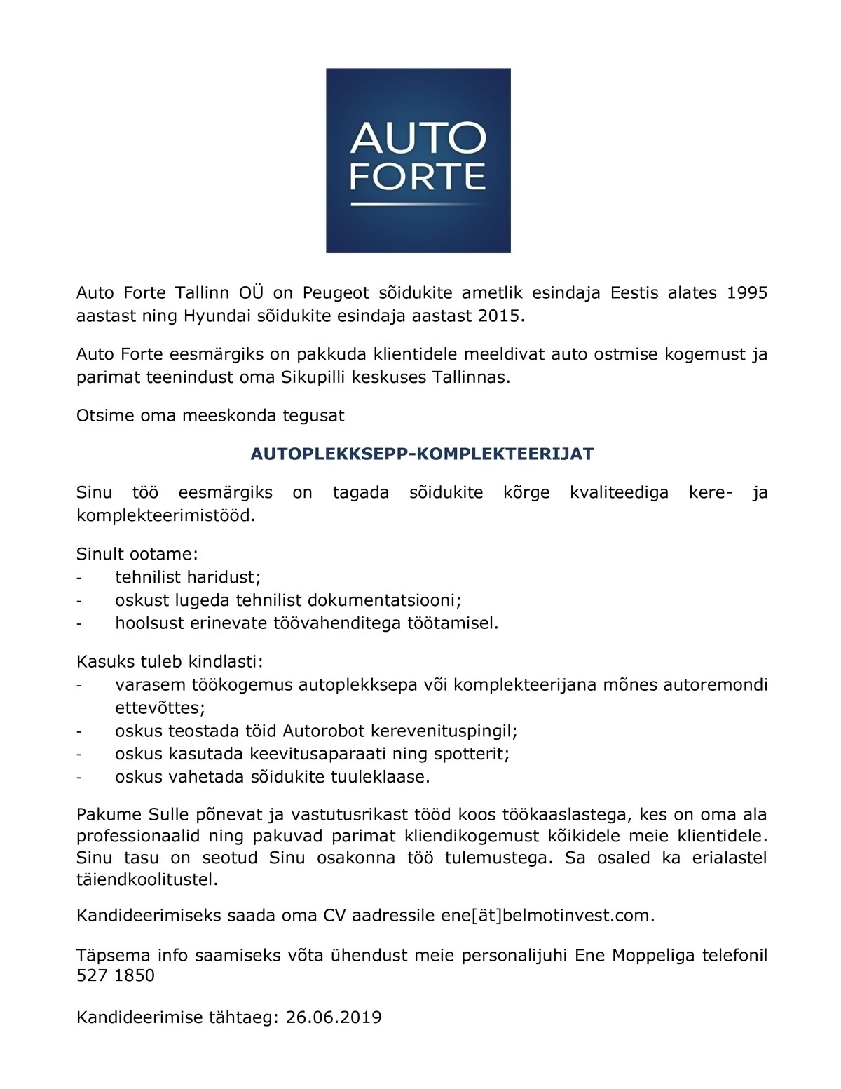 Auto Forte Tallinn OÜ Autoplekksepp-komplekteerija