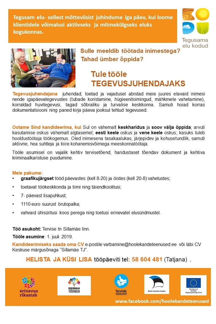 HOOLEKANDETEENUSED AS TEGEVUSJUHENDAJA Sillamäe Kodusse