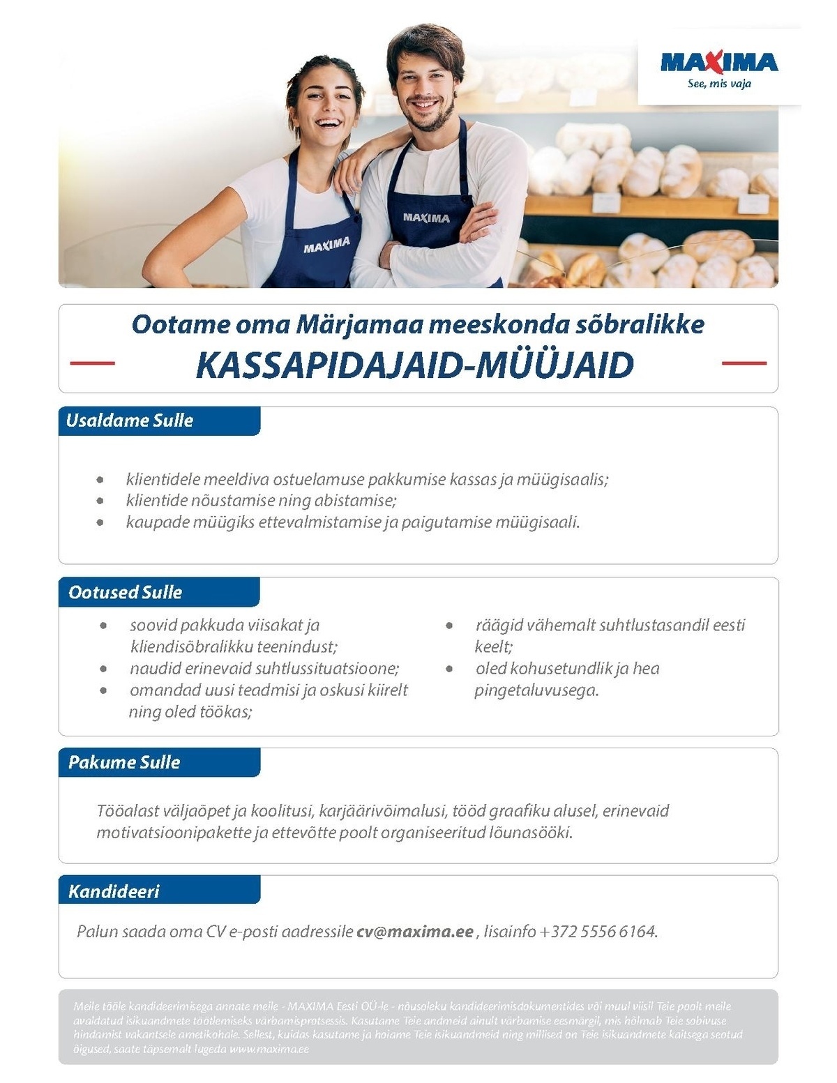 Maxima Eesti OÜ Kassapidaja-müüja Märjamaa Maximas