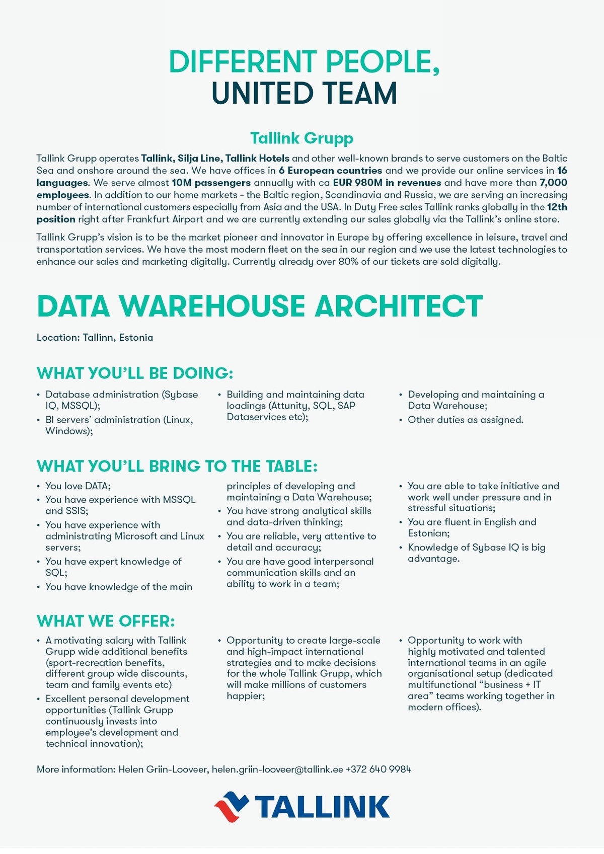 Tallink Grupp AS DATA WAREHOUSE ARCHITECT