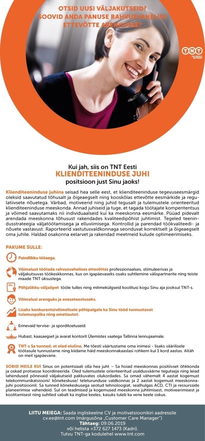 TNT EXPRESS WORLDWIDE EESTI AS Klienditeeninduse juht