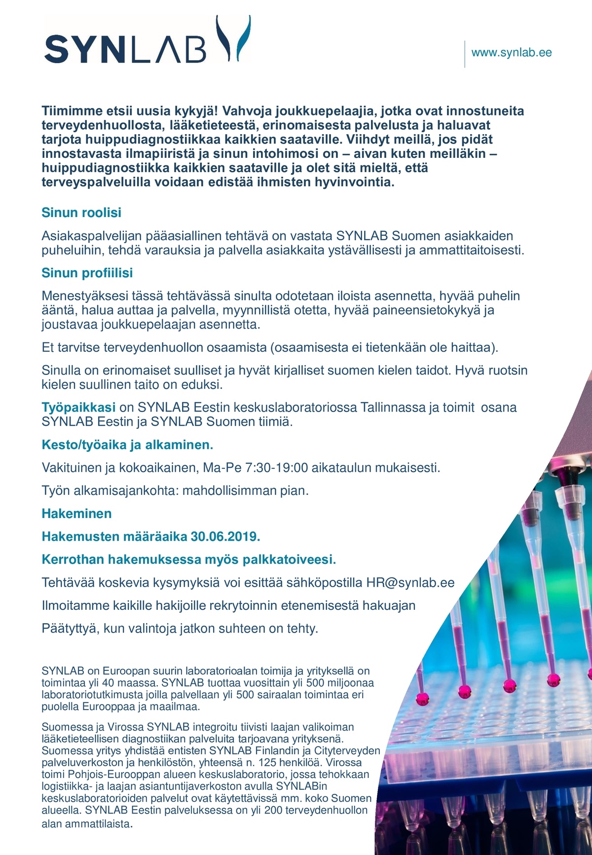 SYNLAB Eesti OÜ Asiakaspalvelija