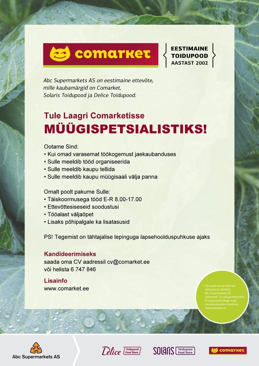 Abc Supermarkets AS MÜÜGISPETSIALIST Laagri Comarketisse