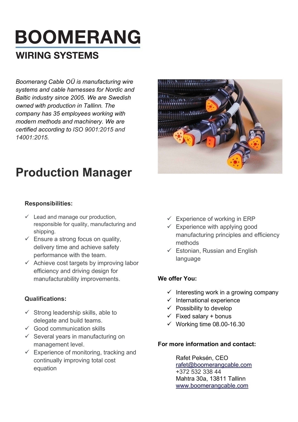 BOOMERANG CABLE OÜ Production Manager