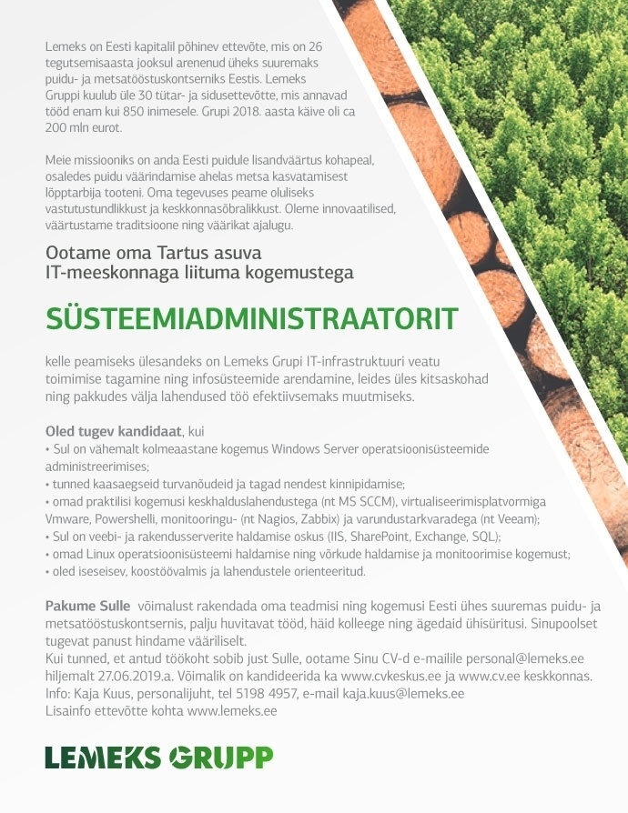 Lemeks AS Süsteemiadministraator