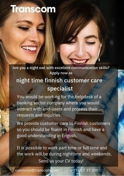 Transcom Eesti OÜ Finnish customer care specialist