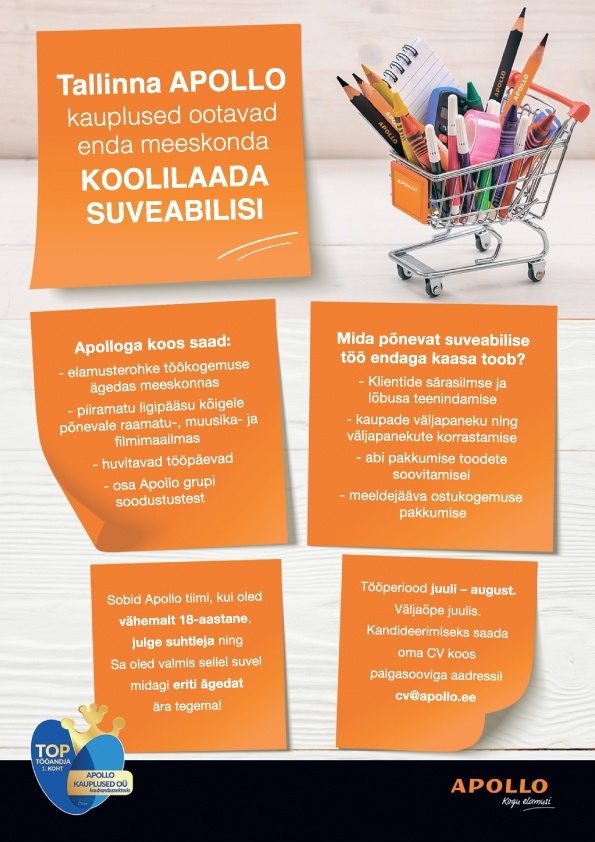 APOLLO KAUPLUSED OÜ APOLLO Tallinna kauplused ootavad enda meeskonda JULGEID SUVEABILISI!
