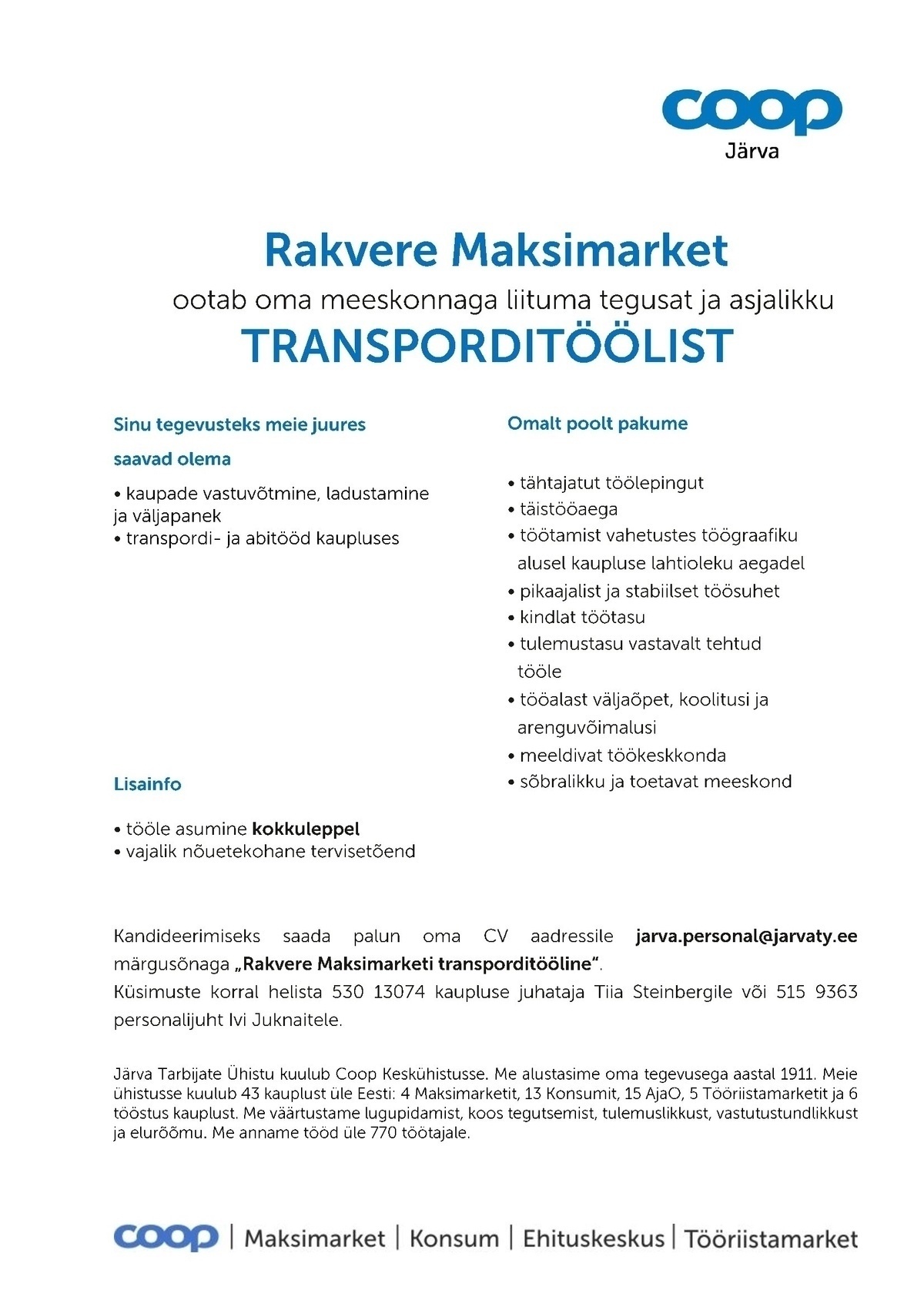 Järva Tarbijate Ühistu TRANSPORDITÖÖLINE Rakvere Maksimarketis (Coop Järva)
