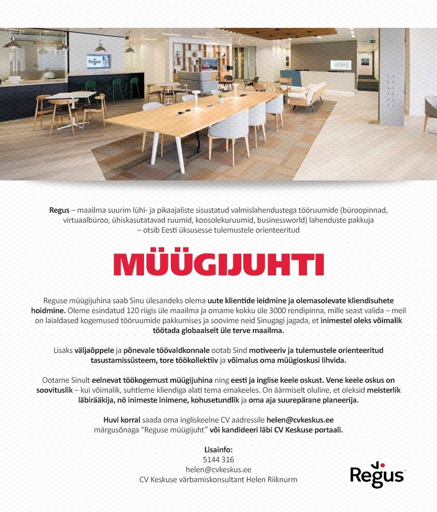 Business Centres Management Estonia OÜ Regus otsib müügijuhti