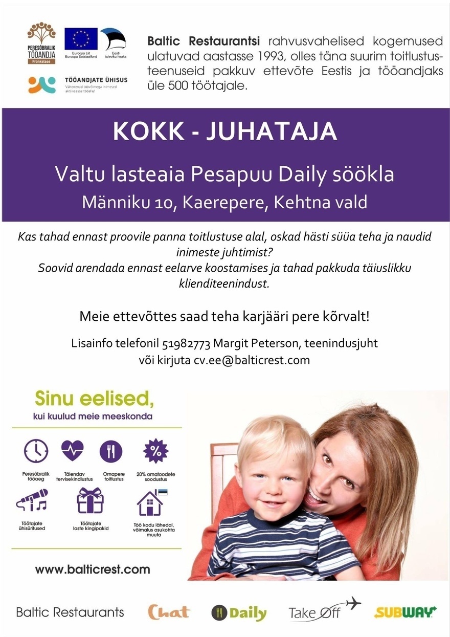 BALTIC RESTAURANTS ESTONIA AS KOKK-juhataja Valtu lasteaia Daily sööklas