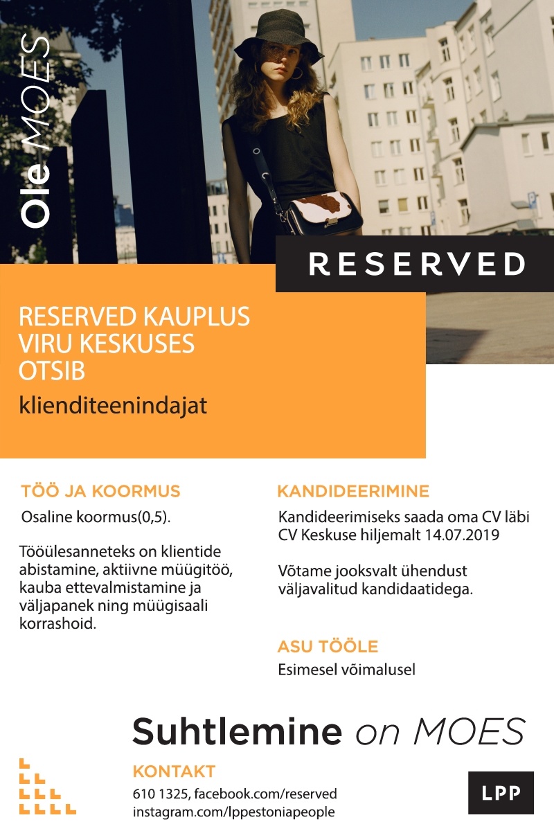 LPP Estonia OÜ Klienditeenindaja (osaline töökoormus) RESERVED kauplusesse Viru keskuses