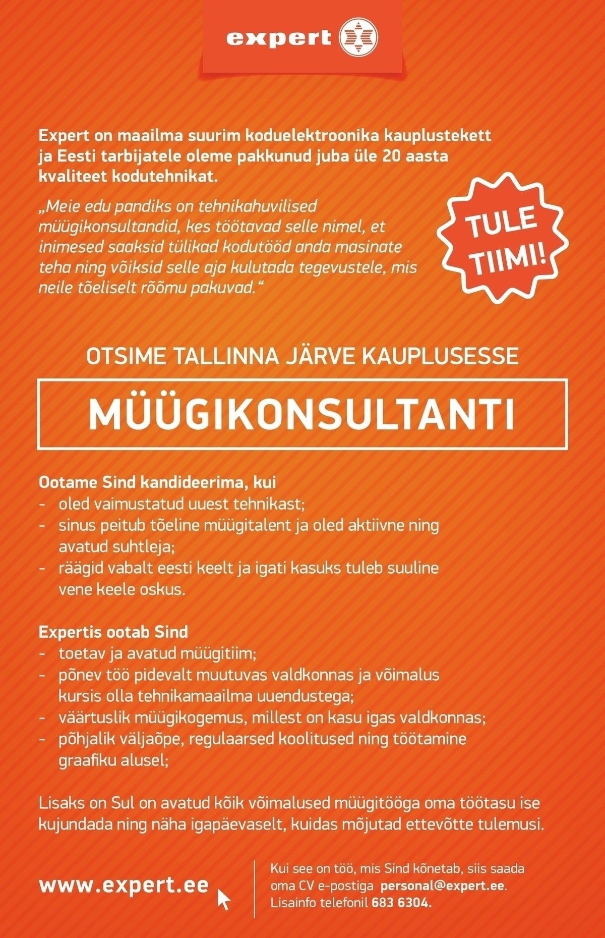 Expert Eesti OÜ Müügikonsultant (Tallinnas Järve keskuse kaupluses)