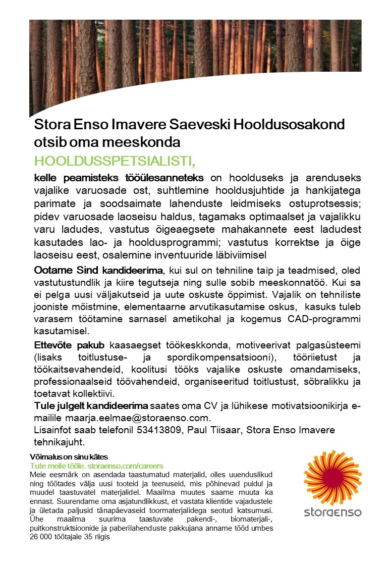 Stora Enso Eesti AS Hooldusspetsialist