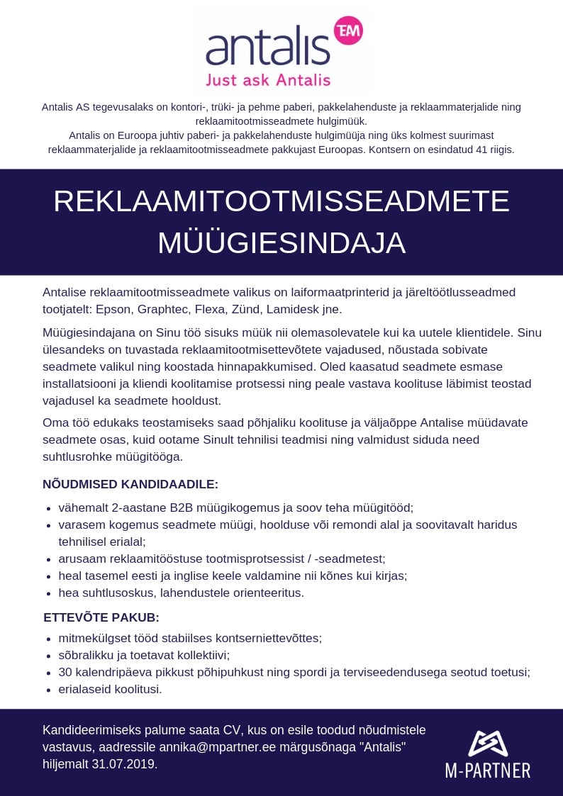 M-Partner HR OÜ Reklaamitootmisseadmete müügiesindaja (Antalis AS)