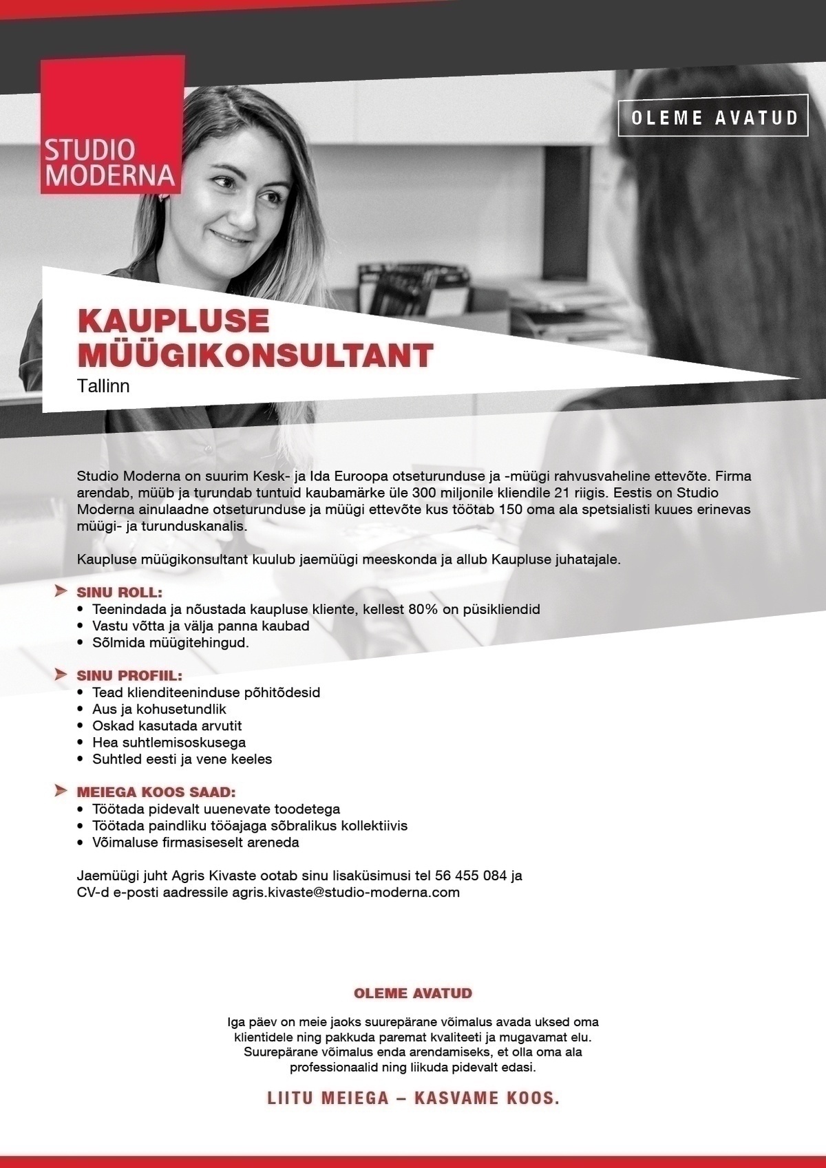 STUDIO MODERNA OÜ Müügikonsultant Ülemiste keskuses
