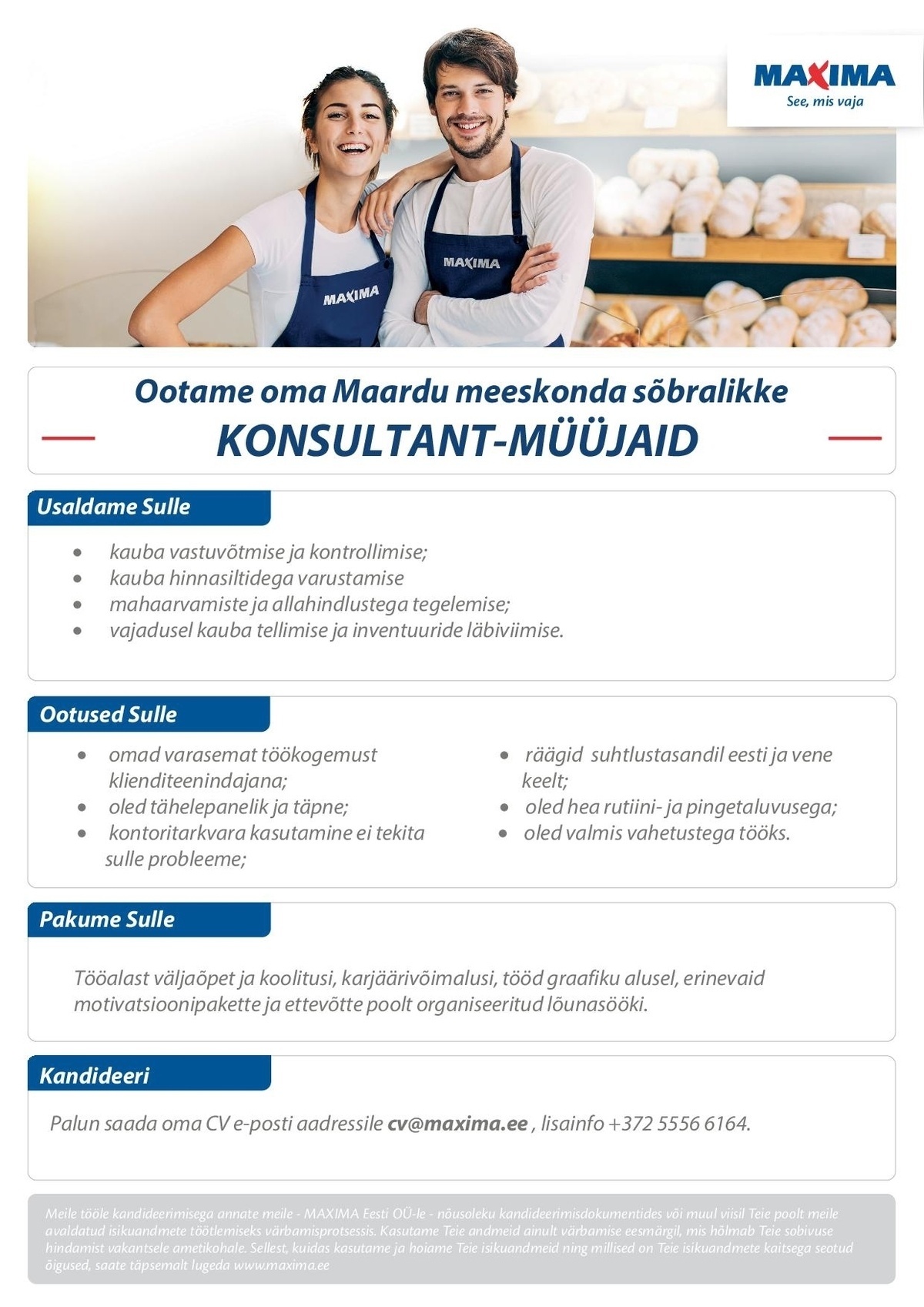 Maxima Eesti OÜ Konsultant-müüja Maardu Maximas (Keemikute 2) 