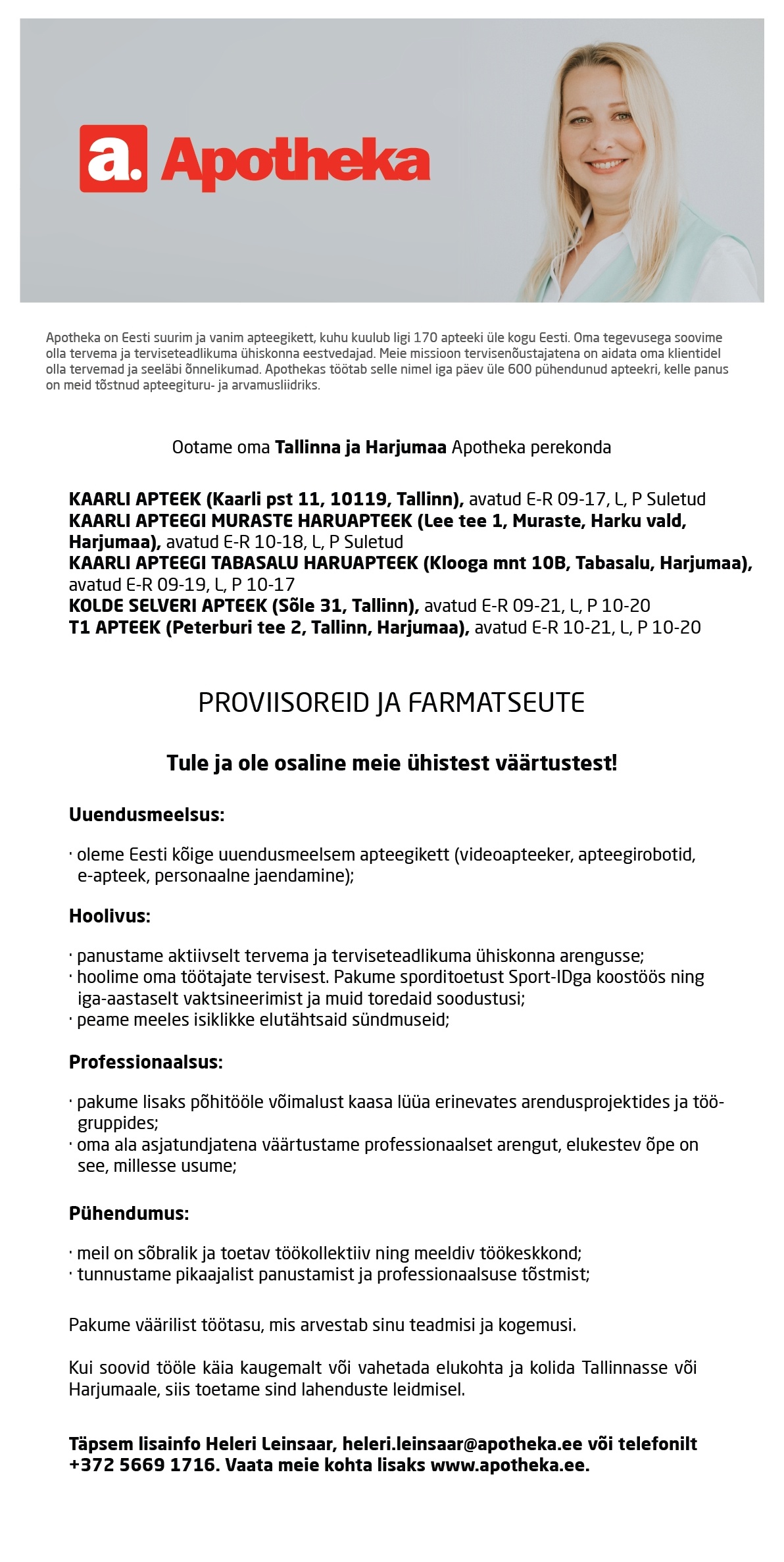 Apotheka Proviisor või farmatseut Tallinna ja Harjumaa Apotheka Apteeki