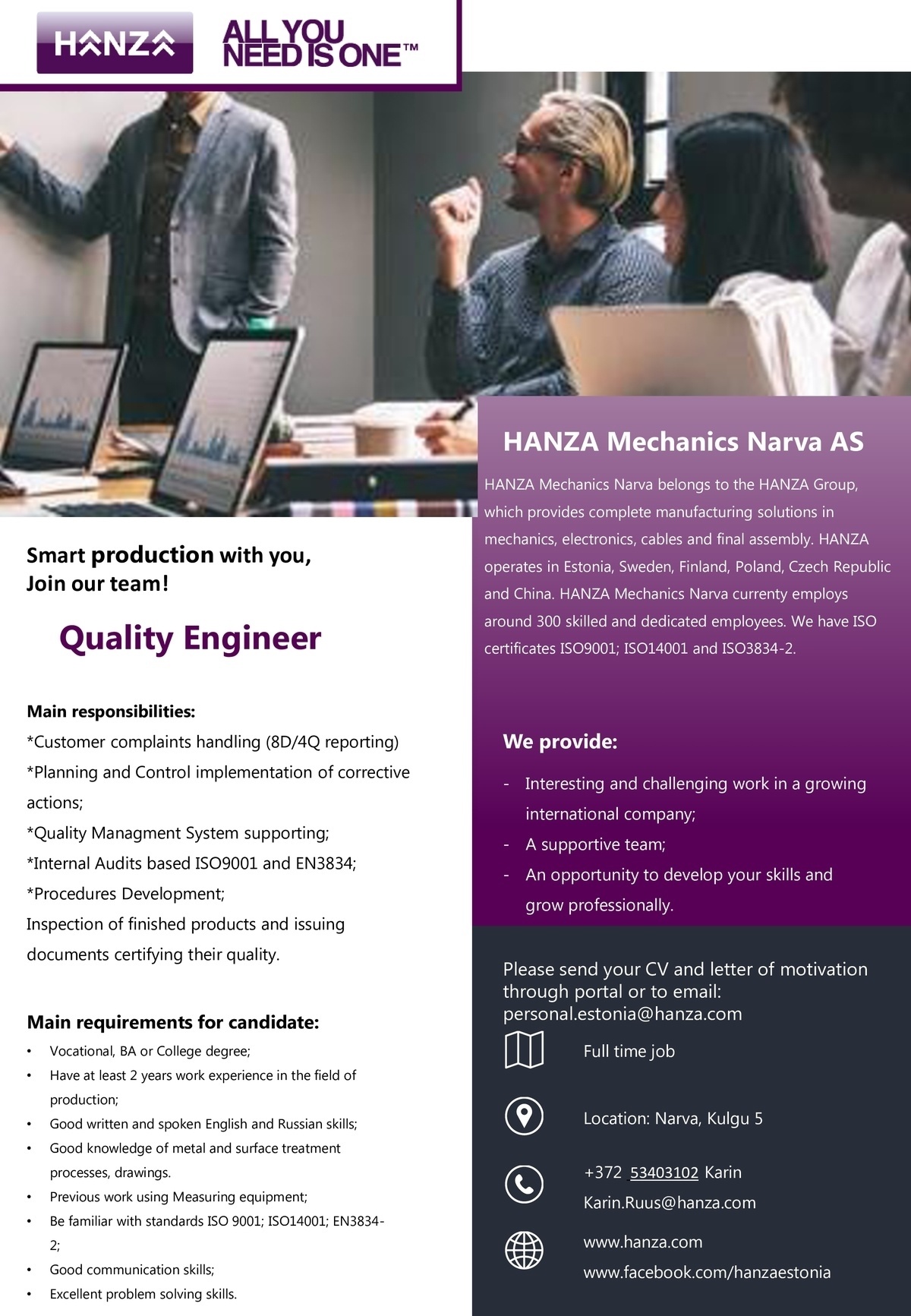 HANZA Mechanics Narva AS Quality Engineer