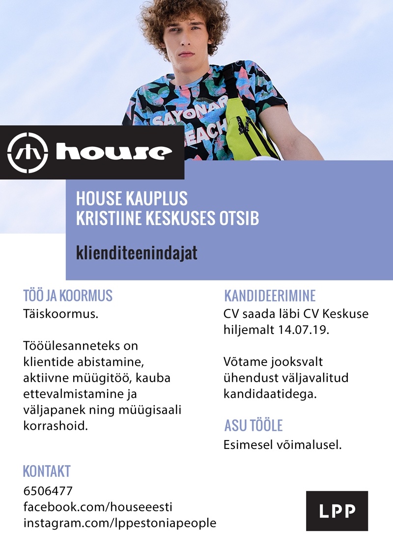 LPP Estonia OÜ Klienditeenindaja (täiskoormusega) HOUSE kauplusesse Kristiine keskuses