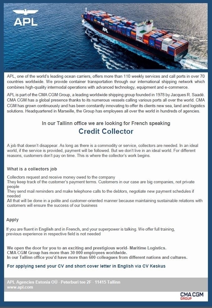 APL AGENCIES ESTONIA OÜ Credit Collector (French speaking)