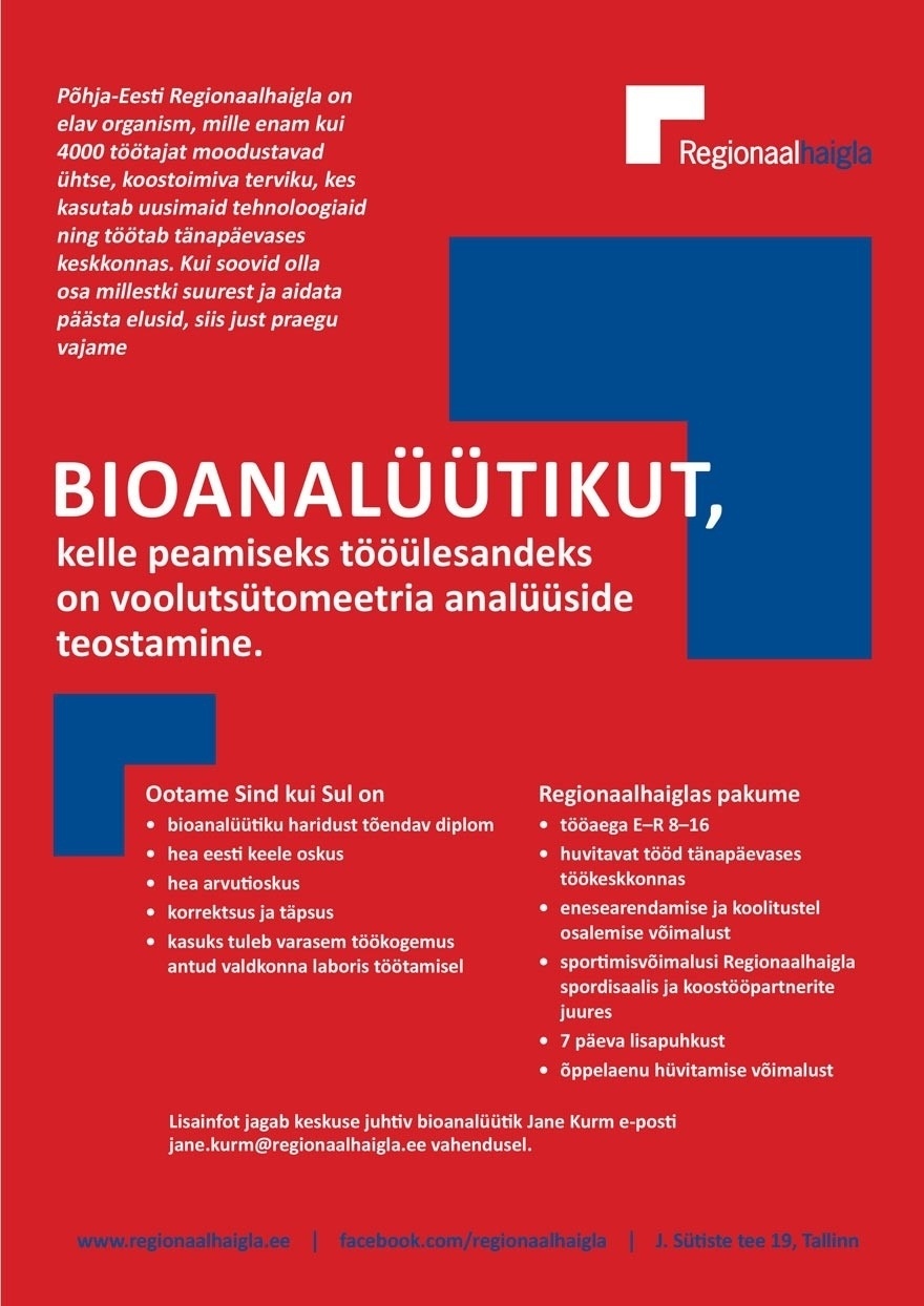 Põhja-Eesti Regionaalhaigla SA Bioanalüütik voolutsütomeetria valdkonda