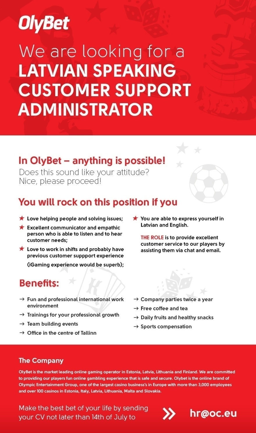 Olympic Entertainment Group AS Latvian speaking customer support administrator, OlyBet