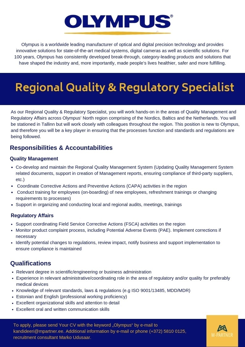M-Partner HR OÜ Regional Quality & Regulatory Specialist (OLYMPUS)