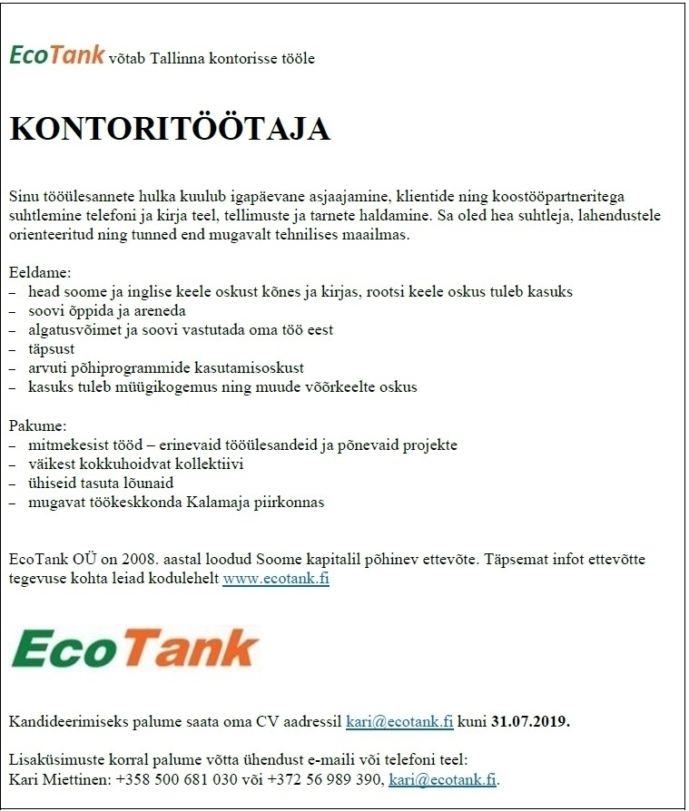 EcoTank OÜ Kontoritöötaja