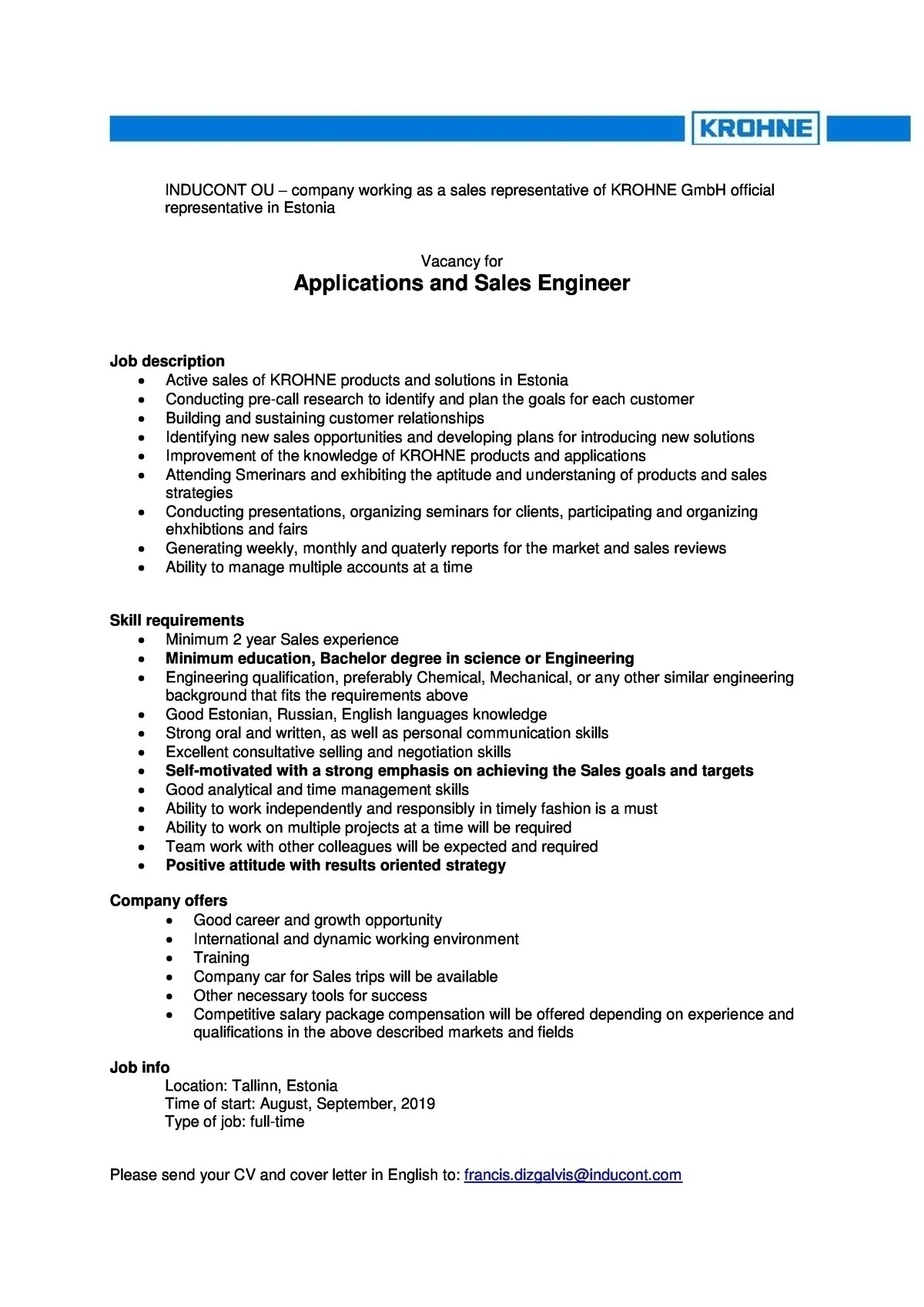 INDUCONT OÜ Applications and Sales Engineer