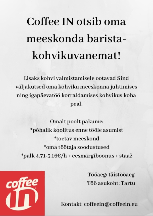 COFFEE IN OÜ Barista-kohvikuvanem