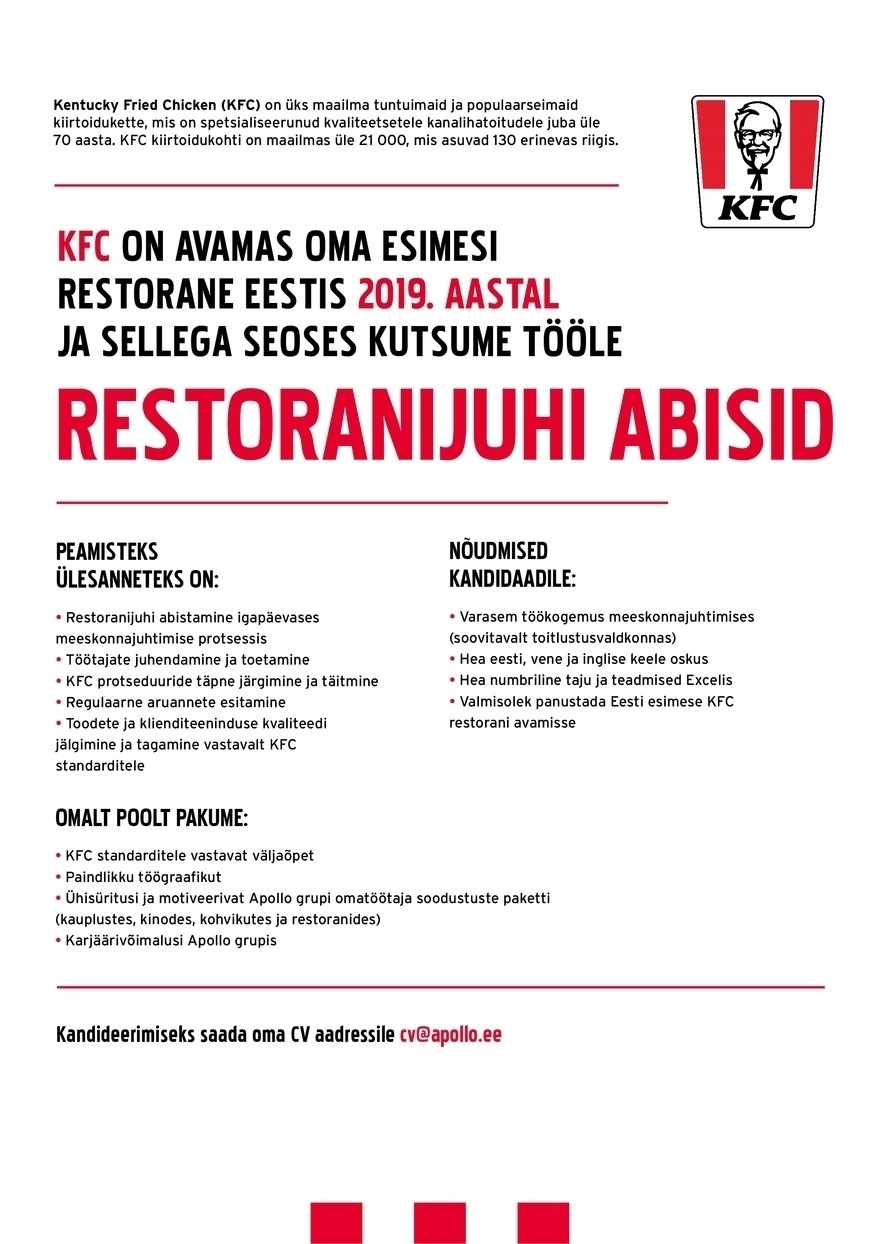 APL FRESH FOOD OÜ KFC kutsub tööle RESTORANIJUHI ABISID!