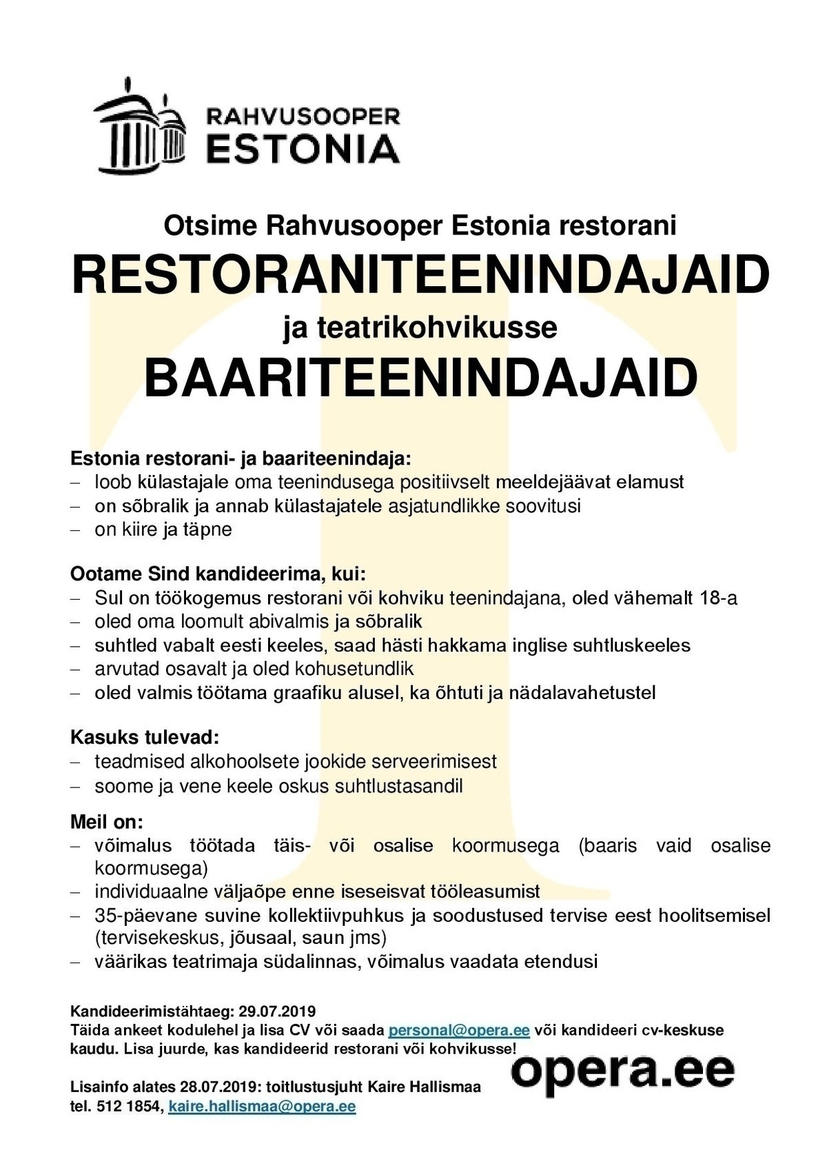 Rahvusooper Estonia Restorani-/baariteenindaja