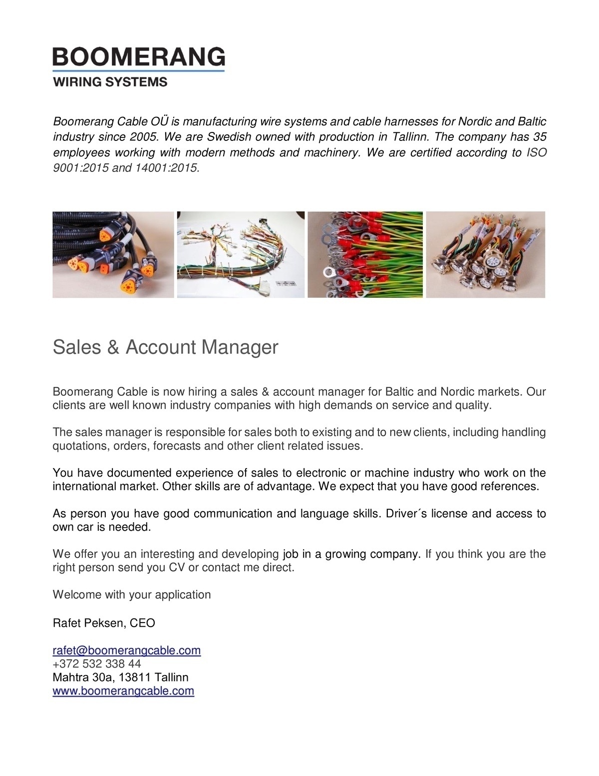 BOOMERANG CABLE OÜ Sales & Account Manager