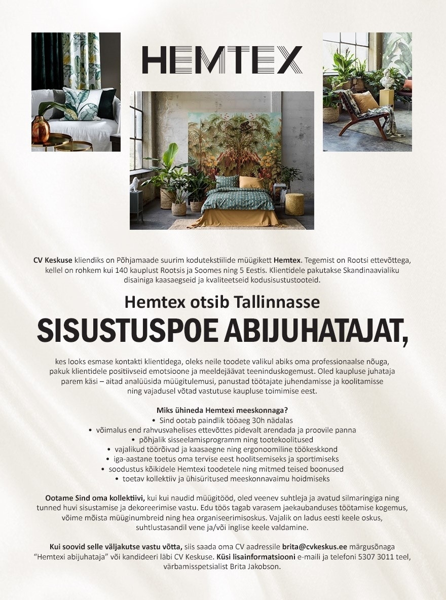 Hemtex AB Eesti Filiaal Sisustuspoe abijuhataja - Solarise keskuse Hemtex