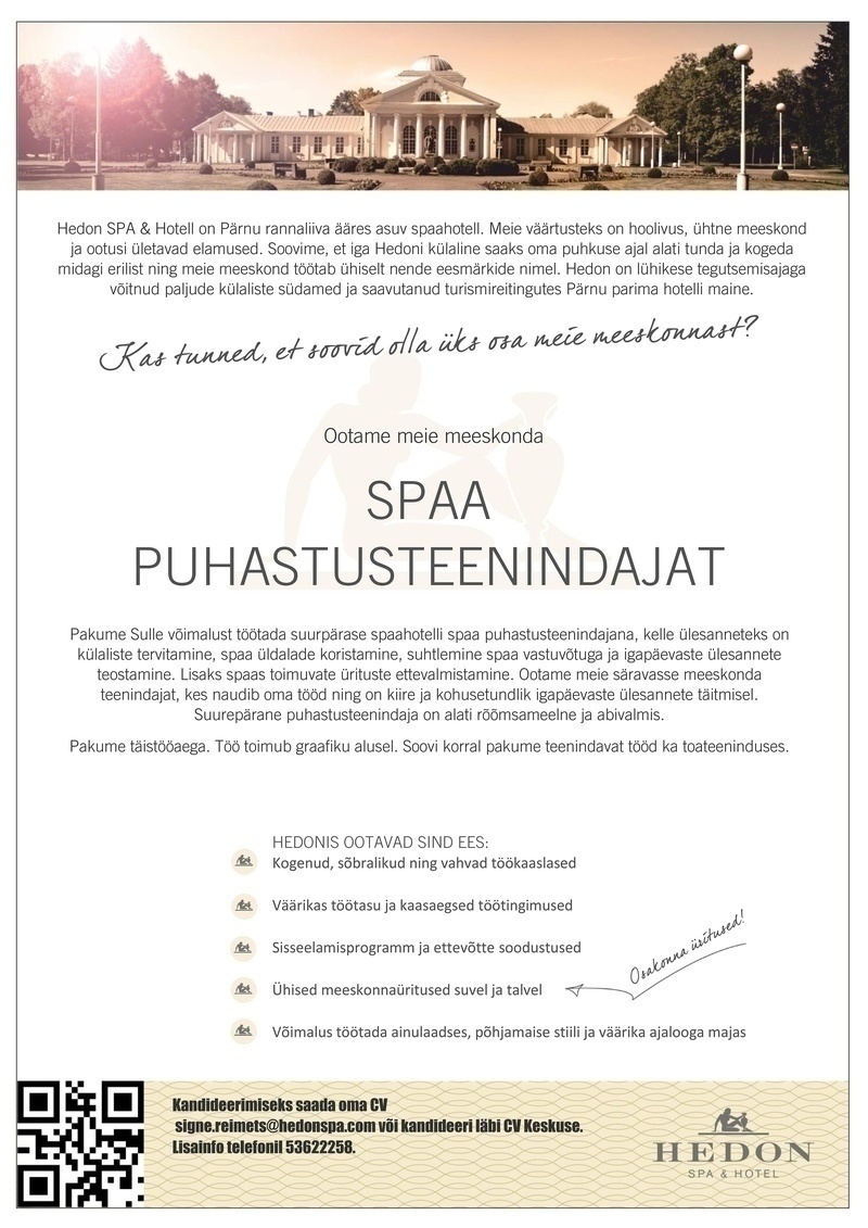 Supeluse Hotell OÜ Hedon SPA & HOTEL Spaahotelli puhastusteenindaja