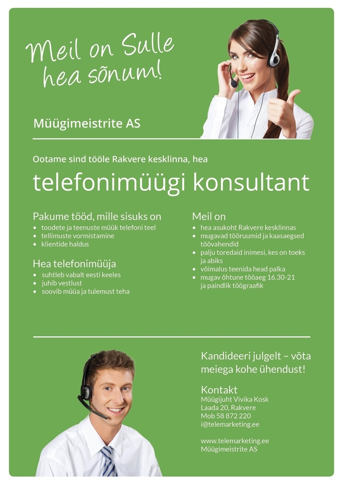 Müügimeistrite AS Õhtuse vahetuse telefonimüügi konsultant  Rakveres