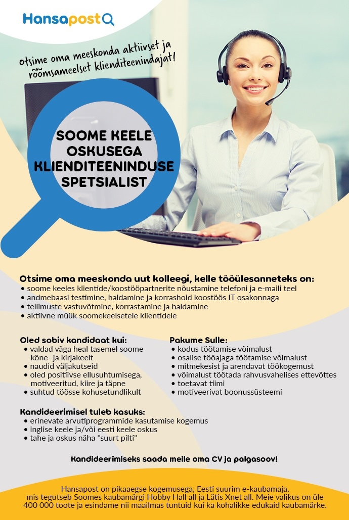 Hobby Hall GROUP OÜ Soome keele oskusega klienditeeninduse spetsialist