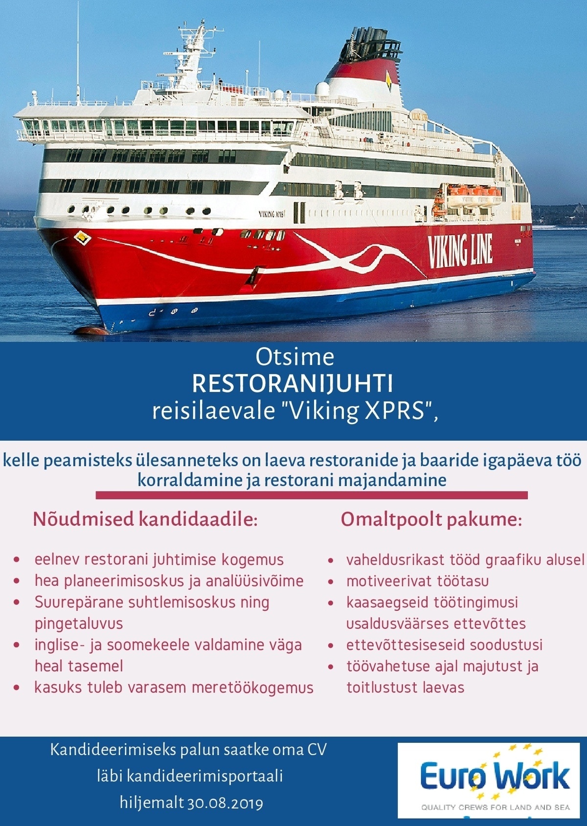EURO WORK OÜ Restoranijuht laevale m/s "Viking XPRS"