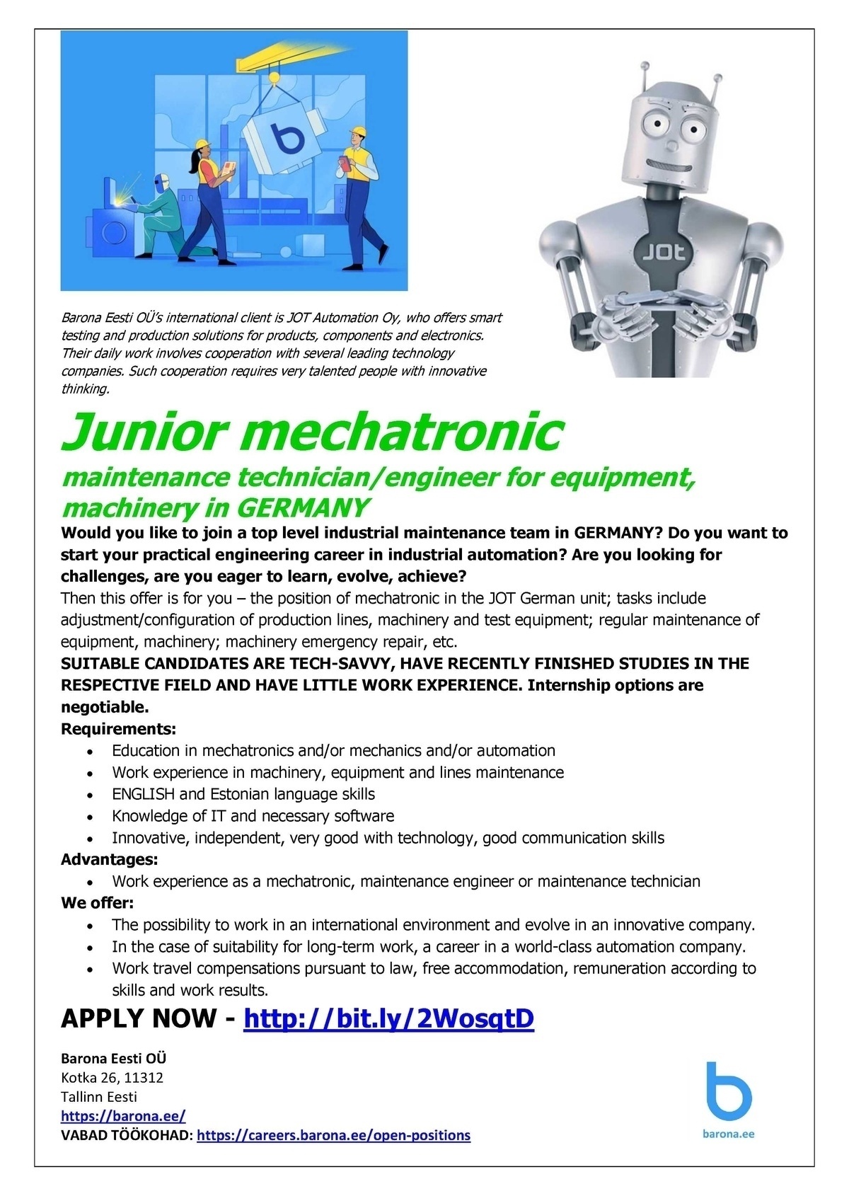 Barona Eesti OÜ Junior mechatronic  maintenance technician/engineer for equipment, machinery in GERMANY
