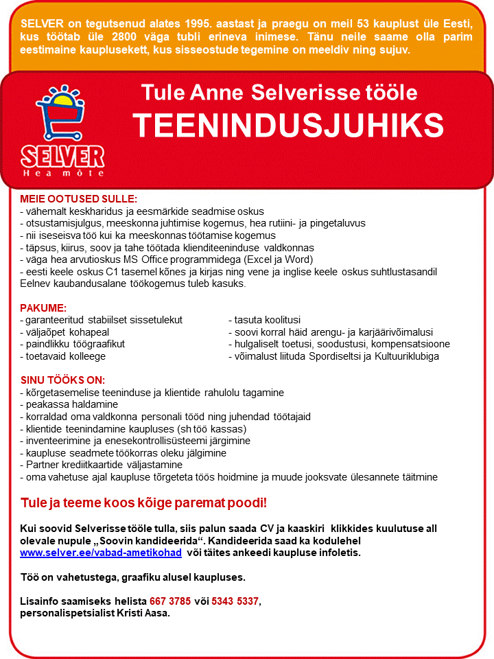 Selver Teenindusjuht Tartu Anne Selveris