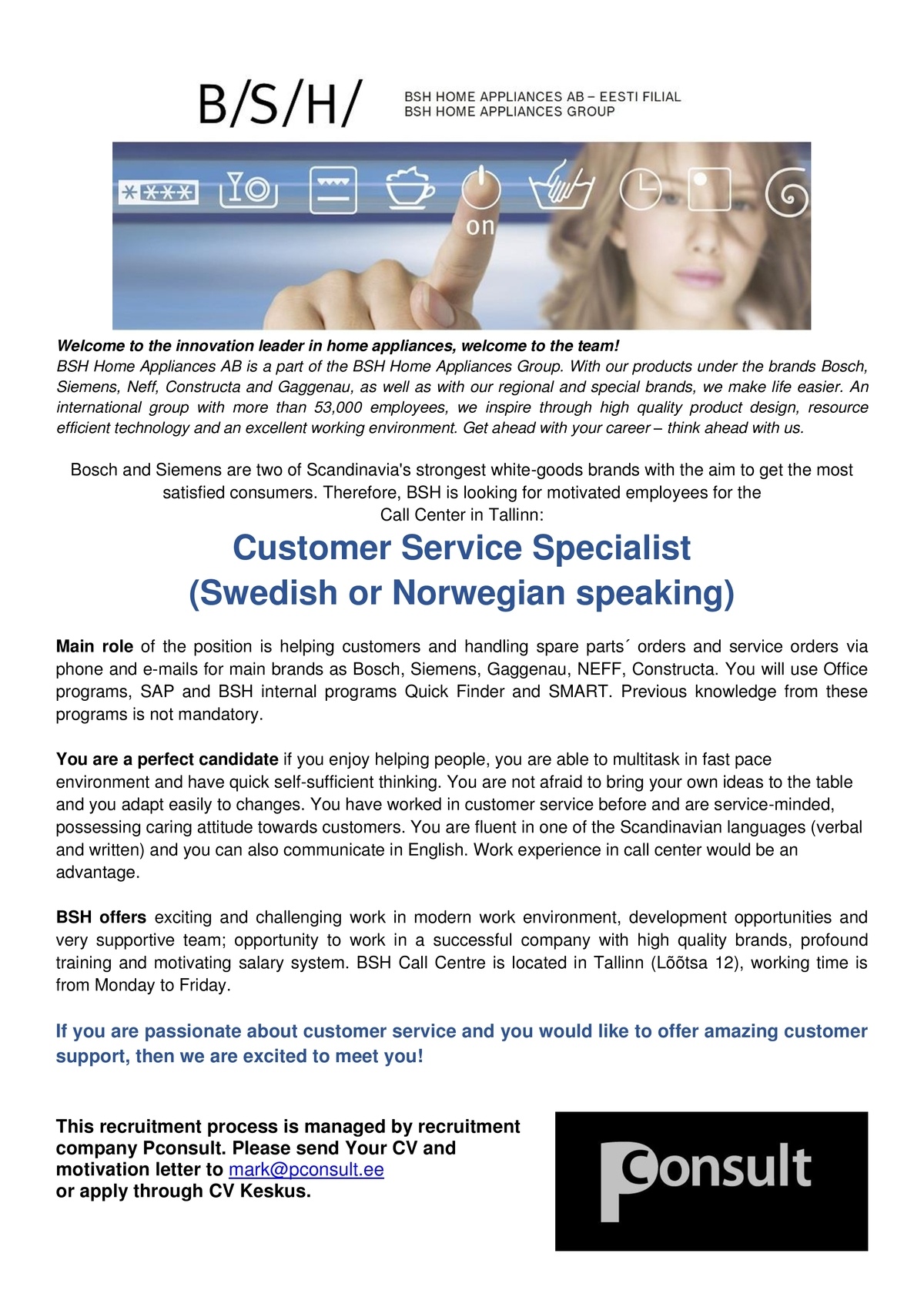 Pconsult / Personalikonsultatsioonid OÜ Customer Service Specialist (Swedish or Norwegian speaking)