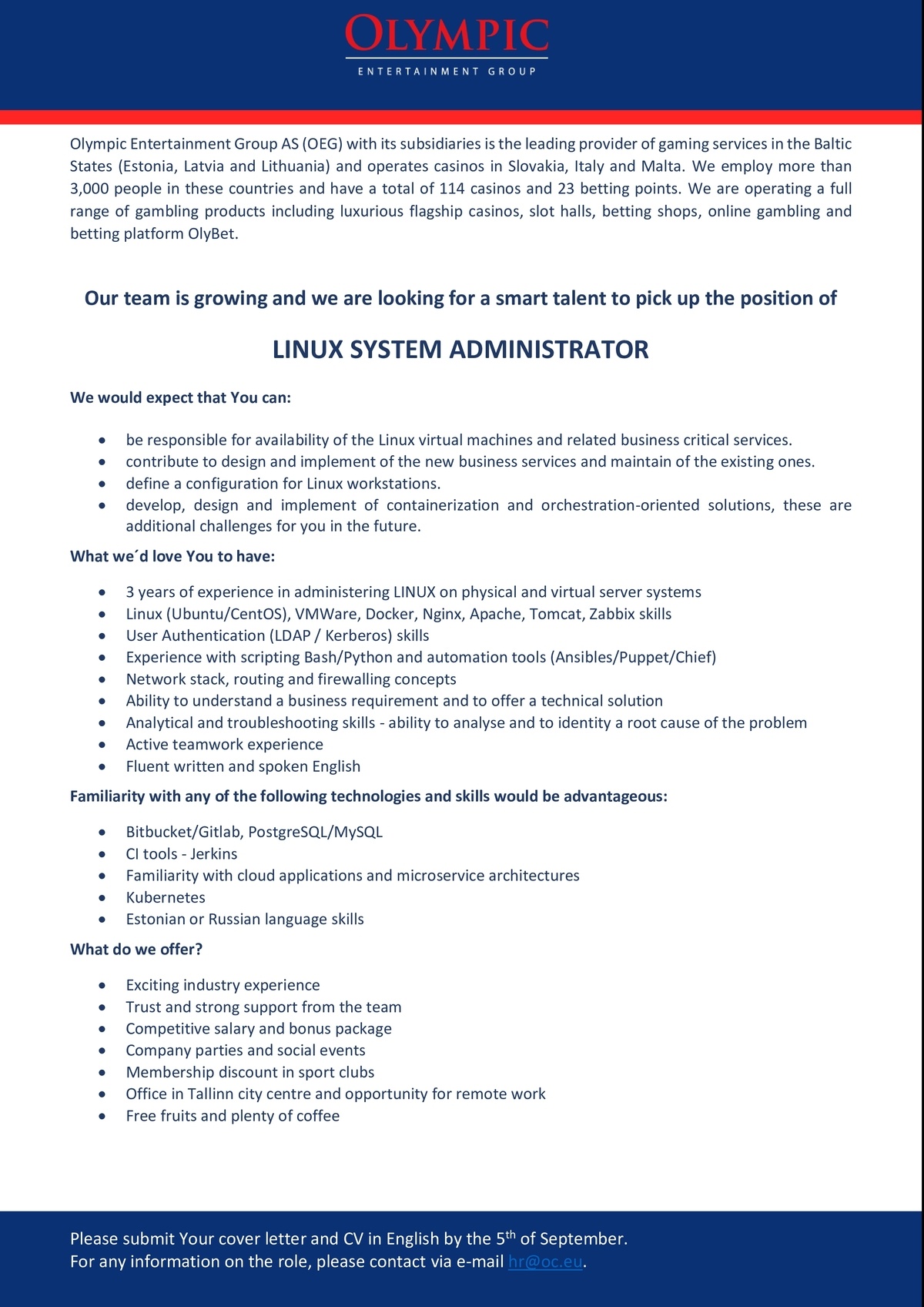 OLYMPIC ENTERTAINMENT GROUP AS LINUX SYSTEM ADMINISTRATOR