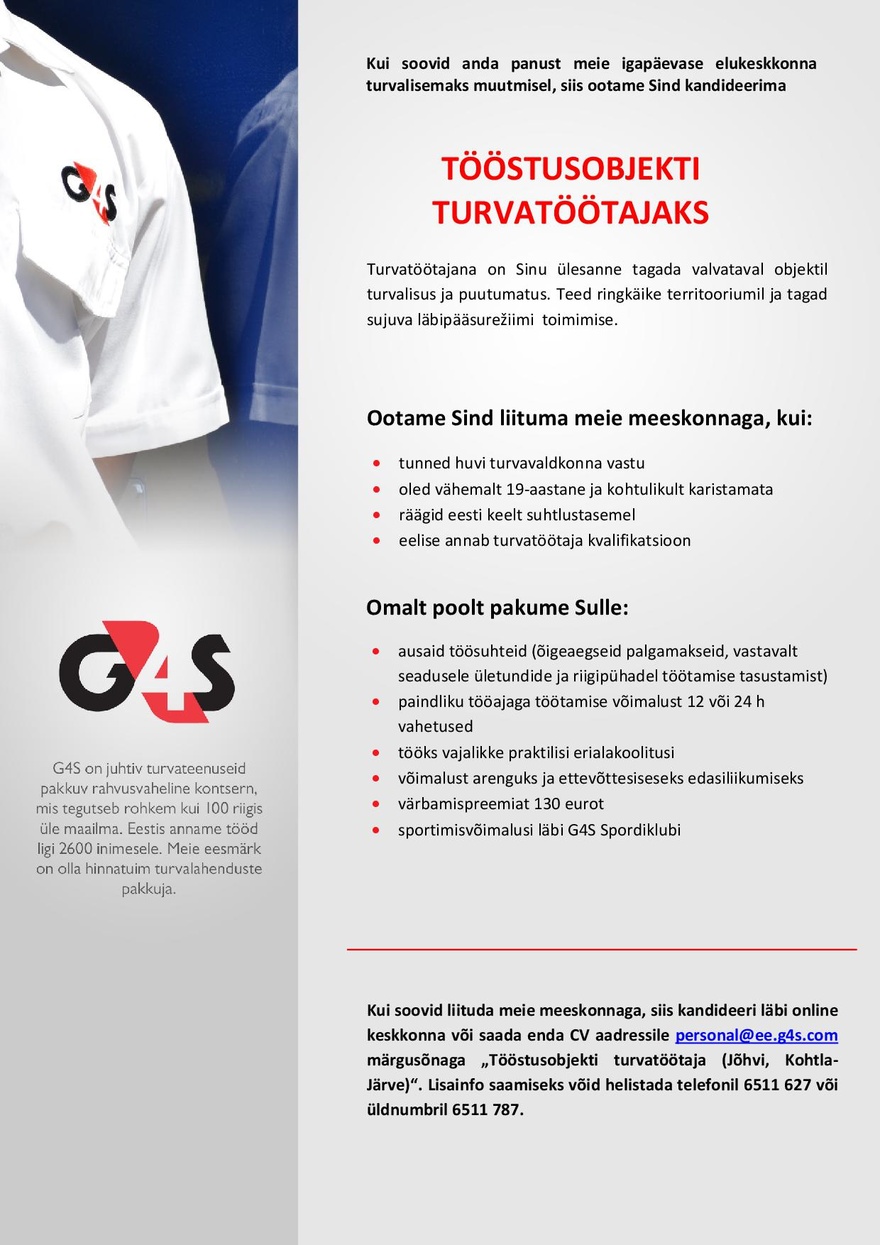 AS G4S Eesti Töötusobjekti turvatöötaja (Jõhvi, Kohtla-Järve)
