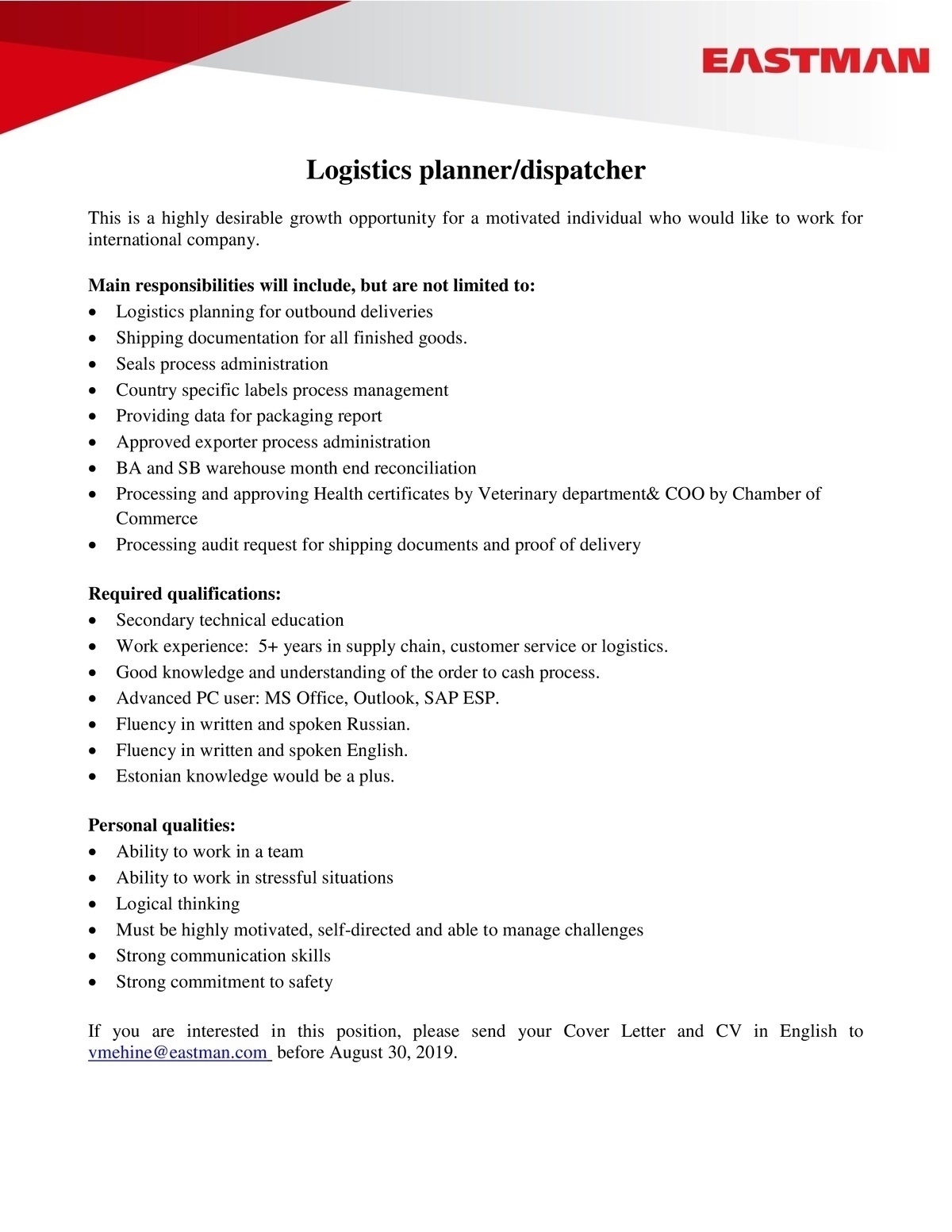 Eastman Specialties OÜ Logistics planner/dispatcher