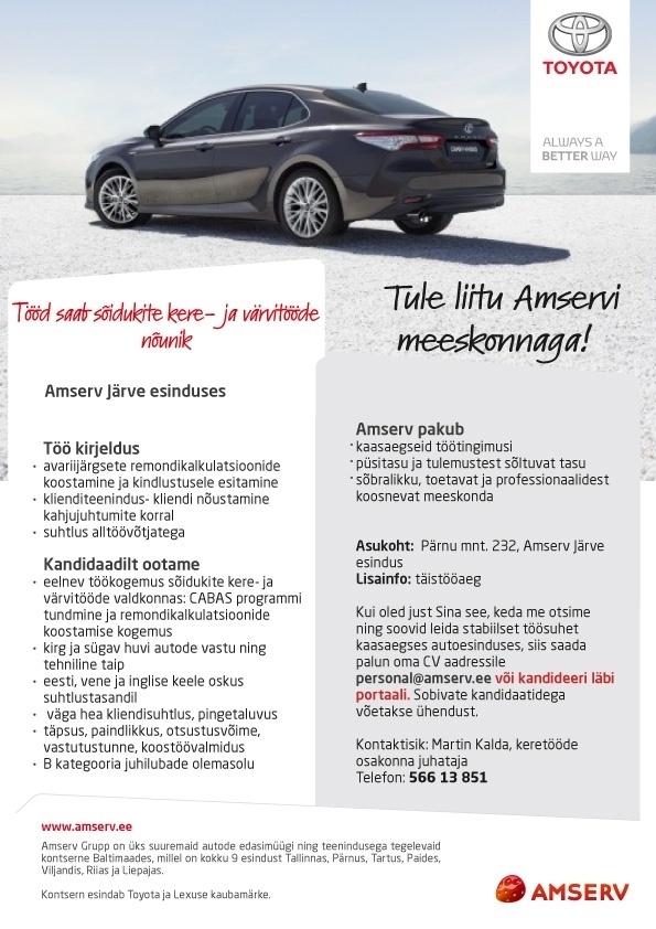 Amserv Grupi AS Kere- ja värvitööde nõunik Amserv Järve esindusse