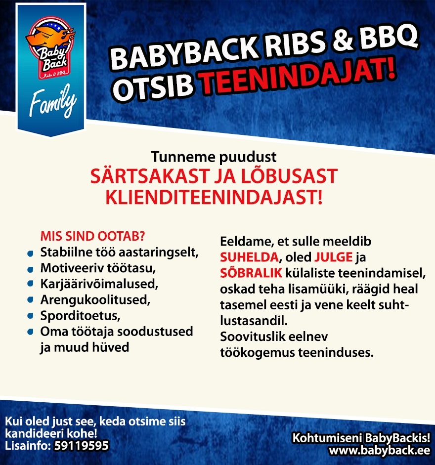 Vellosar Kaubanduse OÜ BabyBack Ribs & BBQ klienditeenidaja