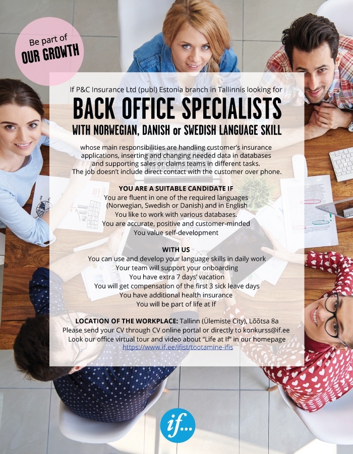 If P&C Insurance Ltd (publ) Eesti filiaal BACK OFFICE SPECIALIST with Norwegian, Danish or Swedish language skill