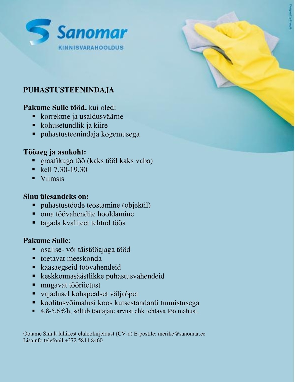SANOMAR KINNISVARAHOOLDUS OÜ Puhastusteenindaja Lasnamäelt, Piritalt või Viimsist