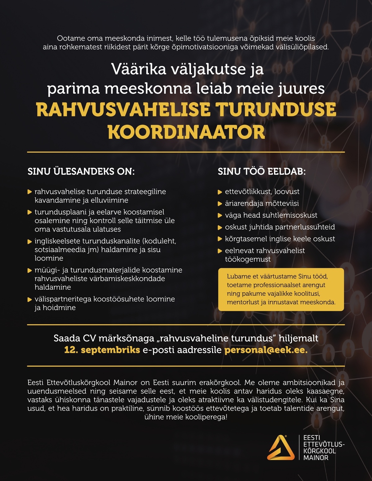 Eesti Ettevõtluskõrgkool Mainor AS Rahvusvahelise turunduse koordinaator