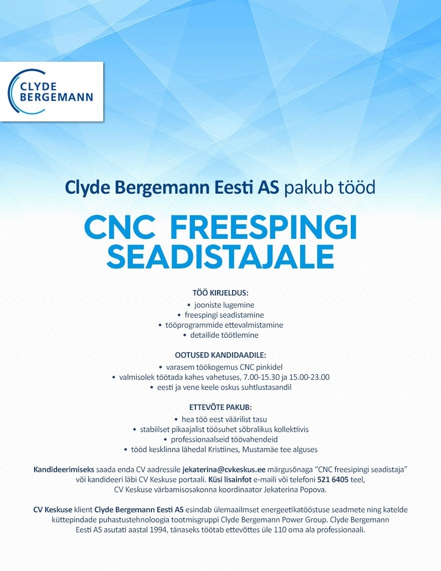 Clyde Bergemann Eesti AS CNC freespingi seadistaja